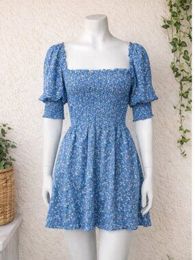 Reformation Elle Dress Lassen Blue Floral Smocked Mini Sz 2